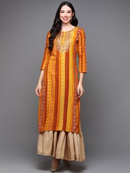 Vaamsi - Women Yellow Viscose Printed Straight Kurta