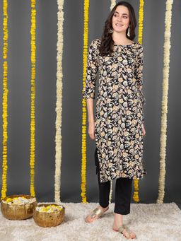 Vaamsi - Women Black Viscose Floral Straight Kurta