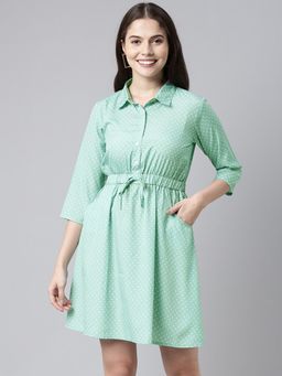 Vaamsi - Women Green Crepe Polka Dots Straight Dress