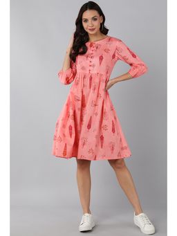 Vaamsi - Women Pink Cotton Printed Straight Dress