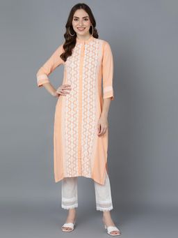 Vaamsi - Women Peach Polyester Printed Straight Kurta
