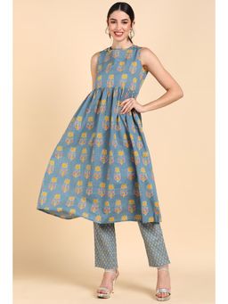 Vaamsi - Women Blue Cotton Floral Empire Kurta with Pant and Dupatta (Set of 3)