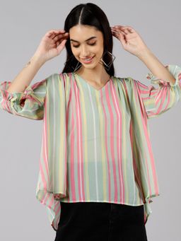 Vaamsi - Women Multi-Color Georgette Stripes Asymmetrical Top
