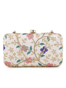 Anekaant - Hue Natural & Multi-Color Faux Silk Floral Embroidered Box Clutch