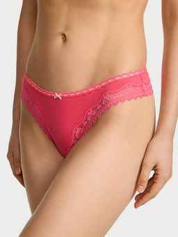Victoria's Secret - Pink Lace Trim Cotton Bow Lace-Trim Thong Panty