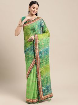 Vastranand - Designer Printed Bandhani Saree Green with Unstitched Blouse
