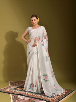 Odette - White Linen Designer Saree with Unstitched Blouse
