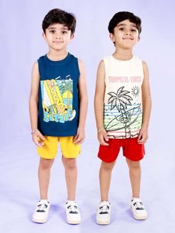 KiddoPanti - Boys Cotton Sleeveless Front Printed T-shirt and Shorts (Pack of 4)