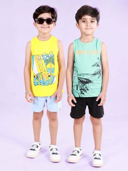 KiddoPanti - Boys Cotton Sleeveless Front Printed T-shirt and Shorts (Pack of 4)