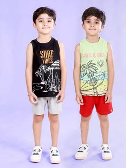 KiddoPanti - Boys Cotton Sleeveless Front Printed T-shirt and Shorts (Pack of 4)