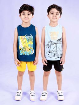 KiddoPanti - Boys Cotton Sleeveless Front Printed T-shirt and Shorts (Pack of 4)
