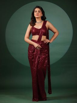 B'Infinite - Vermilion Dazzling Pre Draped Saree with Stitched Blouse