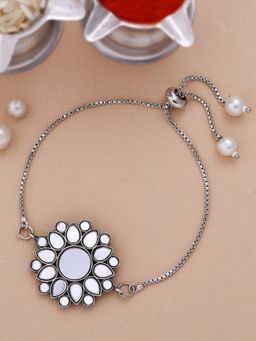 Voylla - Kundan Embedded Silver Bracelet Style Rakhi with Roli Chawal & Card (Set of 3)