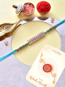 Voylla - Bejewelled Blue Thread Rakhi with Roli Chawal & Card for Brother (Set of 3)