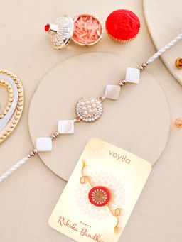 Voylla - White Pearls and Shell Rakhi with Roli Chawal & Card for Brother (Set of 3)