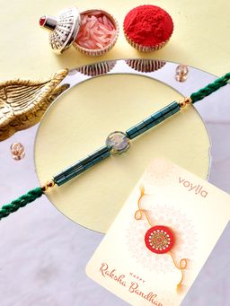 Voylla - Bejewelled Green Beads Rakhi with Roli Chawal & Card for Brother (Set of 3)
