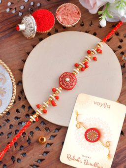 Voylla - Red Enamelled Pearls Thread Rakhi with Roli Chawal & Card for Brother (Set of 3)