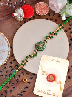 Voylla - Green Enamelled Pearls Rakhi with Roli Chawal & Card for Brother (Set of 3)
