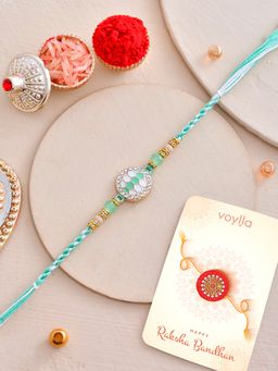 Voylla - Green Thread Pearls Rakhi with Roli Chawal & Card for Brother (Set of 3)