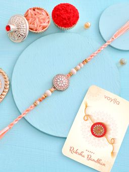 Voylla - Orange Thread Pearls Rakhi with Roli Chawal & Card for Brother (Set of 3)