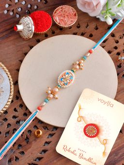 Voylla - Colourful White Pearls Rakhi with Roli Chawal & Card for Brother (Set of 3)