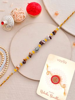 Voylla - Yellow Beads Bohemian Rakhi with Roli Chawal & Card for Brother (Set of 3)