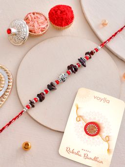 Voylla - Red Beads Bohemian Rakhi with Roli Chawal & Card for Brother (Set of 3)