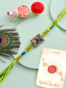 Voylla - Peacock Feather Thread Rakhi with Roli Chawal & Card for Brother (Set of 3)