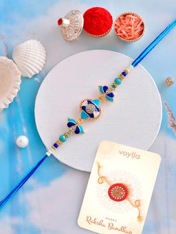 Voylla - Blue Enamelled & Beaded Rakhi with Roli Chawal & Card for Brother (Set of 3)