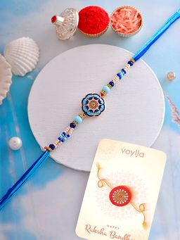 Voylla - Blue Enamelled & Beaded Rakhi with Roli Chawal & Card for Brother (Set of 3)