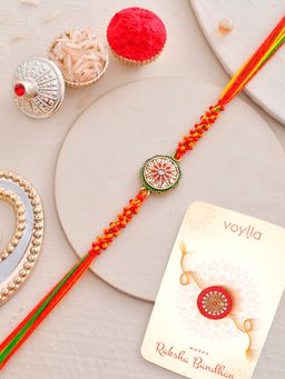 Voylla - Enamelled & Beaded Rakhi with Roli Chawal & Card for Brother (Set of 3)