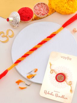 Voylla - Yellow Lightly Embellished Rakhi with Roli Chawal & Card for Brother (Set of 3)