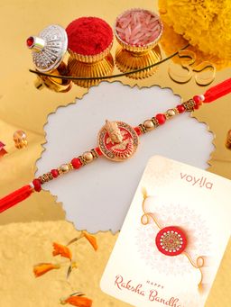 Voylla - Motif Ram Red Thread Rakhi with Roli Chawal & Card for Brother (Set of 3)
