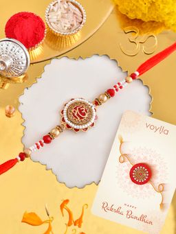 Voylla - Red Beaded Pearls Thread Rakhi with Roli Chawal & Card for Brother (Set of 3)