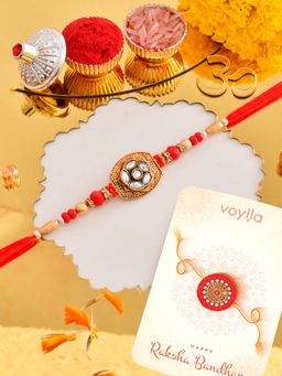 Voylla - Red Thread Beaded Motif Rakhi with Roli Chawal & Card for Brother (Set of 3)