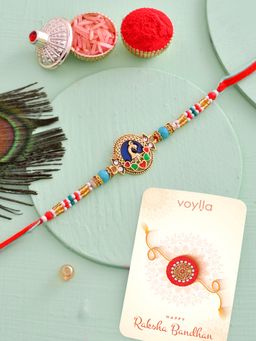 Voylla - Colourful Beaded Peacock Rakhi with Roli Chawal & Card for Brother (Set of 3)