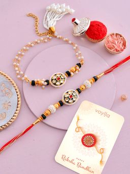 Voylla - Pearls & Kundan Bhaiya Bhabhi Rakhi Bracelet with Roli Chawal & Card (Set of 4)
