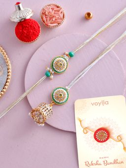 Voylla - Pearls & Kundan Bhaiya Bhabhi Rakhi Lumba with Roli Chawal & Card (Set of 4)