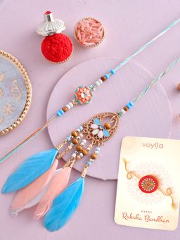 Voylla - Feathers & Enamelled Bhaiya Bhabhi Rakhi Lumba with Roli Chawal & Card (Set of 4)