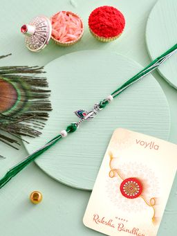 Voylla - Lord Krishna Motifs Thread Rakhi with Roli Chawal and Card for Brother (Set of 3)