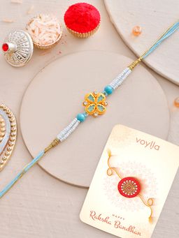 Voylla - Green Beads Pearls Floral Rakhi with Roli Chawal and Card for Brother (Set of 3)