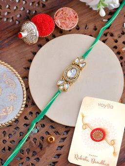 Voylla - Motif Faux Kundan Thread Rakhi with Roli Chawal and Card for Brother (Set of 3)