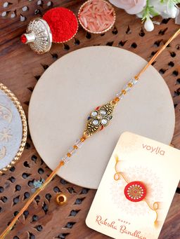 Voylla - Beaded Faux Kundan Thread Rakhi with Roli Chawal and Card for Brother (Set of 3)
