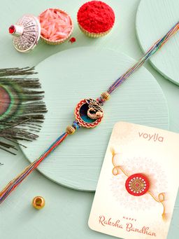 Voylla - Peacock Motif Thread Rakhi with Roli Chawal and Card for Brother (Set of 3)