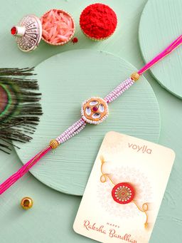 Voylla - White Faux Kundan Pearls Rakhi with Roli Chawal and Card for Brother (Set of 3)