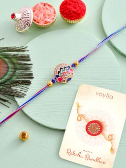 Voylla - Peacock Inspired Thread Rakhi with Roli Chawal and Card for Brother (Set of 3)