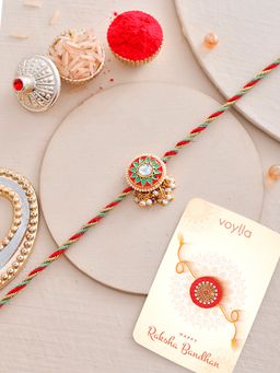 Voylla - Faux Kundan Pearls Thread Rakhi with Roli Chawal and Card for Brother (Set of 3)