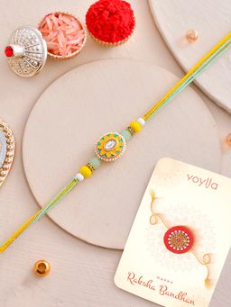 Voylla - Faux Pearls Thread Rakhi with Roli Chawal and Card for Brother (Set of 3)