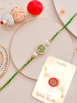 Voylla - Faux Pearls Thread Rakhi with Roli Chawal and Card for Brother (Set of 3)