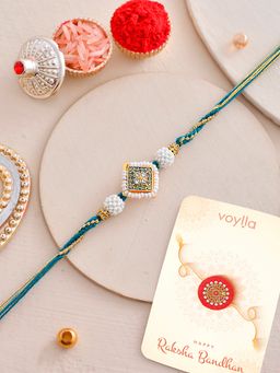 Voylla - Faux Pearls Thread Rakhi with Roli Chawal and Card for Brother (Set of 3)